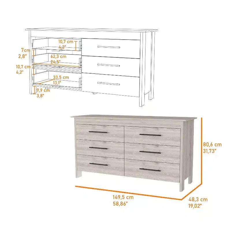 Cómoda moderna rectangular Okak para dormitorio con 6 cajones y tiradores de metal negro, amplio gabinete de almacenamiento para sala de estar, pasillo, entrada