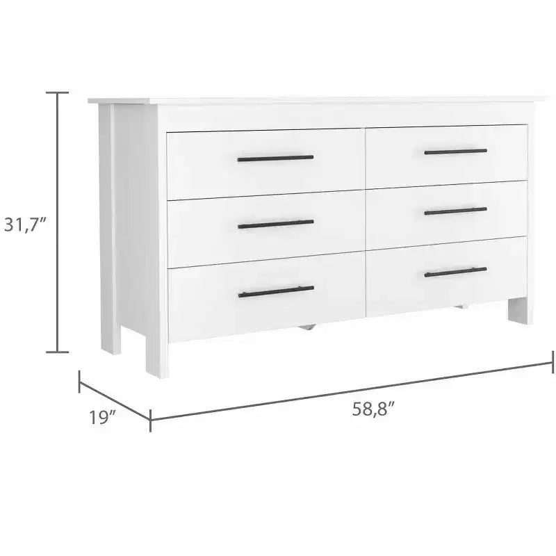 Cómoda moderna rectangular Okak para dormitorio con 6 cajones y tiradores de metal negro, amplio gabinete de almacenamiento para sala de estar, pasillo, entrada