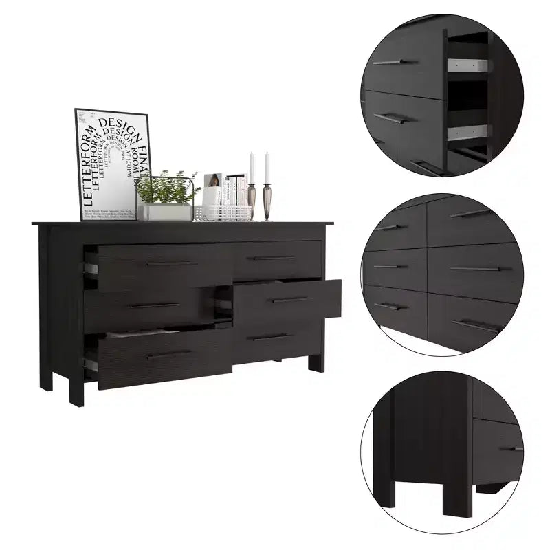 Cómoda moderna rectangular Okak para dormitorio con 6 cajones y tiradores de metal negro, amplio gabinete de almacenamiento para sala de estar, pasillo, entrada