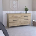 Cómoda moderna rectangular Okak para dormitorio con 6 cajones y tiradores de metal negro, amplio gabinete de almacenamiento para sala de estar, pasillo, entrada
