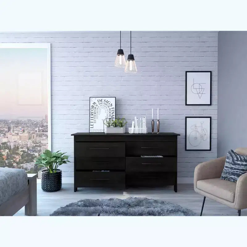 Cómoda moderna rectangular Okak para dormitorio con 6 cajones y tiradores de metal negro, amplio gabinete de almacenamiento para sala de estar, pasillo, entrada