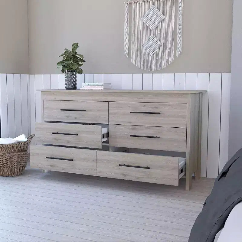 Cómoda moderna rectangular Okak para dormitorio con 6 cajones y tiradores de metal negro, amplio gabinete de almacenamiento para sala de estar, pasillo, entrada