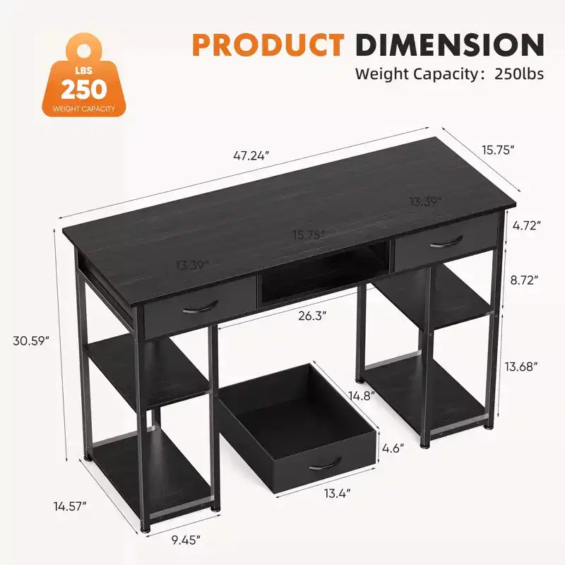 Escritorio para computadora con almacenamiento, pequeña mesa de estudio para PC de oficina en casa con bolsa lateral de tela y gancho para auriculares, marco de metal (47.24 x 15.75 x 30.59)