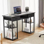 Escritorio para computadora con almacenamiento, pequeña mesa de estudio para PC de oficina en casa con bolsa lateral de tela y gancho para auriculares, marco de metal (47.24 x 15.75 x 30.59)