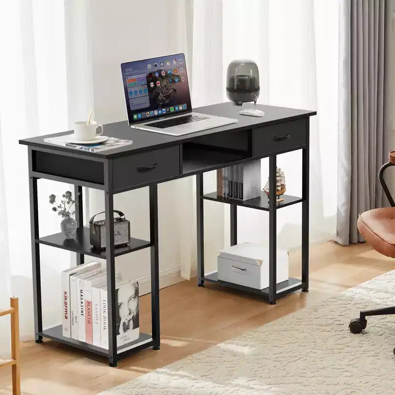 Escritorio para computadora con almacenamiento, pequeña mesa de estudio para PC de oficina en casa con bolsa lateral de tela y gancho para auriculares, marco de metal (47.24 x 15.75 x 30.59)