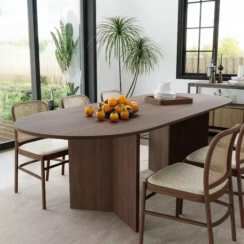 79 Mesa de comedor ovalada grande marrón estilo rústico para 6-8 personas con patas en forma de V para comedor y sala de estar