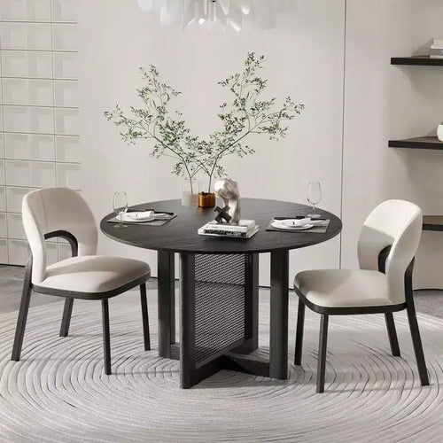 46 inch Round Black Rattan Dining Table for 4-6 People Suitable for Dining Room and Living Room