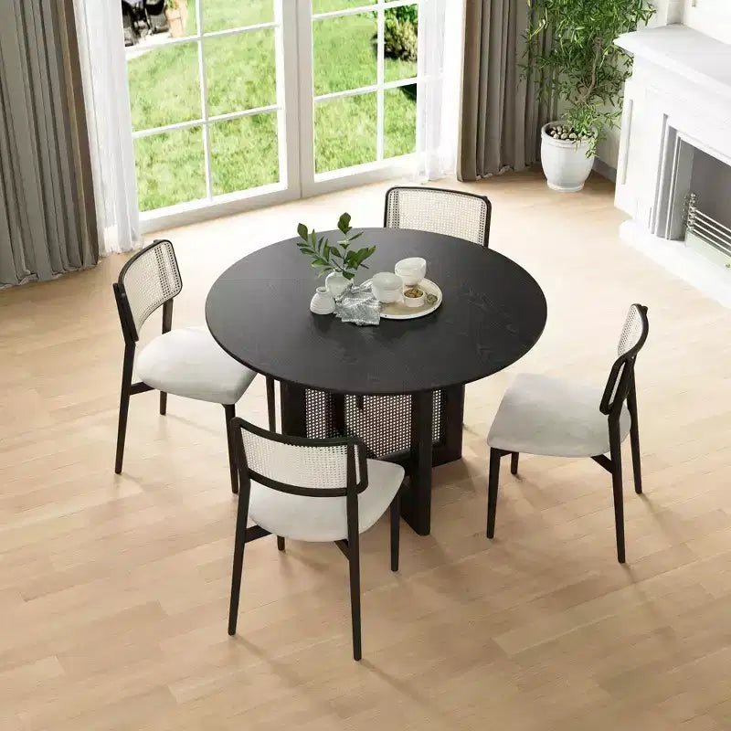Mesa de comedor redonda de ratán negro de 46 pulgadas para 4-6 personas, apta para comedor y sala de estar