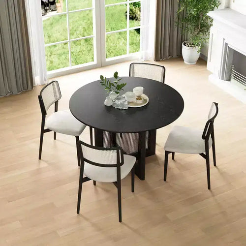 Mesa de comedor redonda de ratán negro de 46 pulgadas para 4-6 personas, apta para comedor y sala de estar