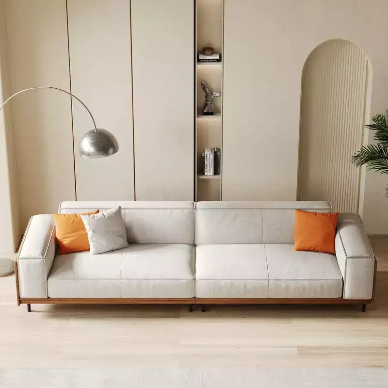 Sofá extralargo de madera maciza color gris claro de estilo de mediados de siglo, 4 plazas, algodón-lino, con detalles de nogal y fundas lavables Gaoyangjiaju, 111.81