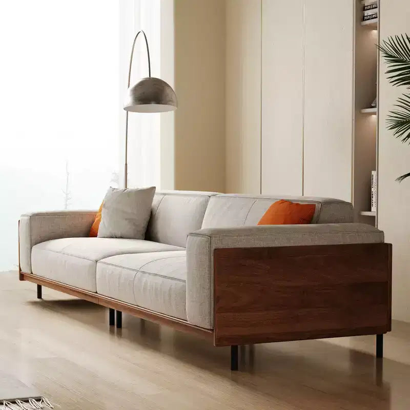 Sofá extralargo de madera maciza color gris claro de estilo de mediados de siglo, 4 plazas, algodón-lino, con detalles de nogal y fundas lavables Gaoyangjiaju, 111.81