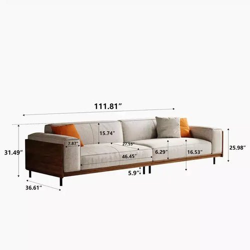 Sofá extralargo de madera maciza color gris claro de estilo de mediados de siglo, 4 plazas, algodón-lino, con detalles de nogal y fundas lavables Gaoyangjiaju, 111.81