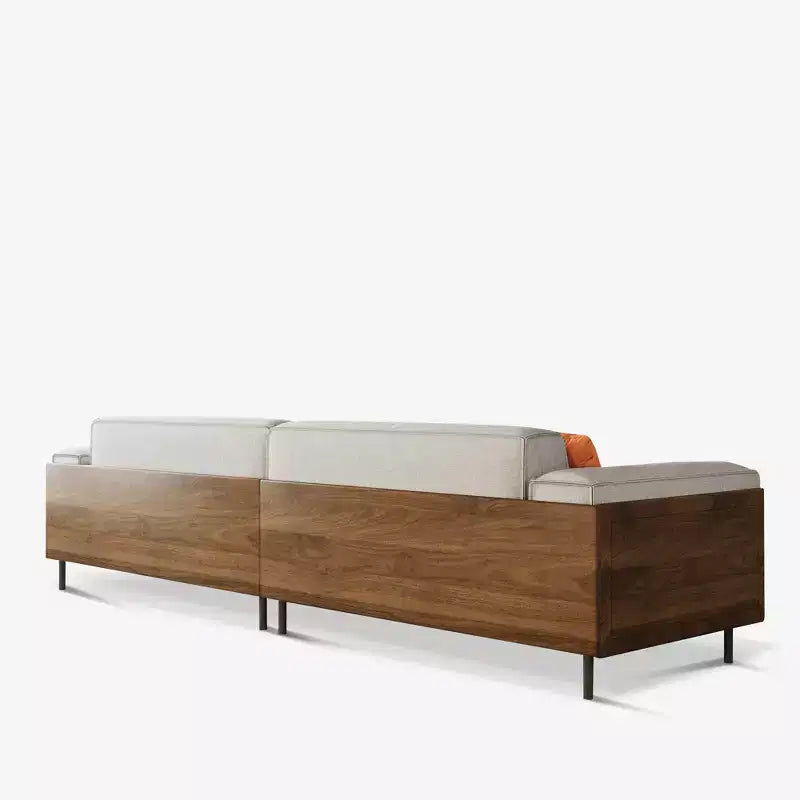 Sofá extralargo de madera maciza color gris claro de estilo de mediados de siglo, 4 plazas, algodón-lino, con detalles de nogal y fundas lavables Gaoyangjiaju, 111.81