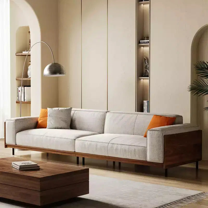 Sofá extralargo de madera maciza color gris claro de estilo de mediados de siglo, 4 plazas, algodón-lino, con detalles de nogal y fundas lavables Gaoyangjiaju, 111.81