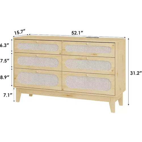 Cómoda de 6 cajones grandes de ratán, con puertos USB y tomas de corriente, 6 cajones de almacenamiento para dormitorio, sala de estar, pasillo, roble