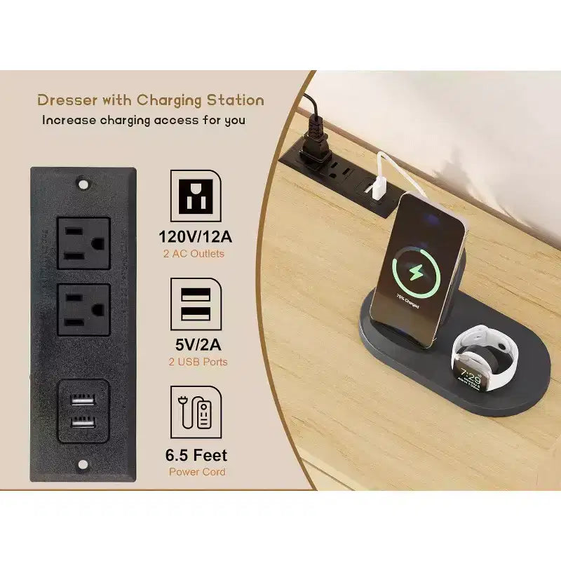 Cómoda de 6 cajones grandes de ratán, con puertos USB y tomas de corriente, 6 cajones de almacenamiento para dormitorio, sala de estar, pasillo, roble