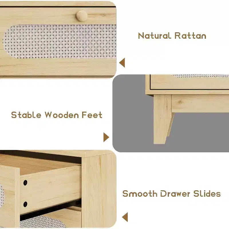 Cómoda de 6 cajones grandes de ratán, con puertos USB y tomas de corriente, 6 cajones de almacenamiento para dormitorio, sala de estar, pasillo, roble