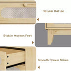 Cómoda de 6 cajones grandes de ratán, con puertos USB y tomas de corriente, 6 cajones de almacenamiento para dormitorio, sala de estar, pasillo, roble