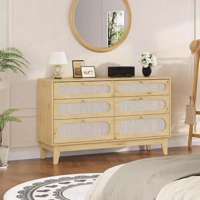 Cómoda de 6 cajones grandes de ratán, con puertos USB y tomas de corriente, 6 cajones de almacenamiento para dormitorio, sala de estar, pasillo, roble
