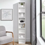 MAYEERTY Estantería de torre multimedia de 8 niveles, estantería estrecha y alta con estantes ajustables para sala de estar del hogar, color blanco