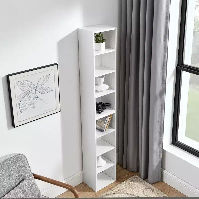 MAYEERTY Estantería de torre multimedia de 8 niveles, estantería estrecha y alta con estantes ajustables para sala de estar del hogar, color blanco