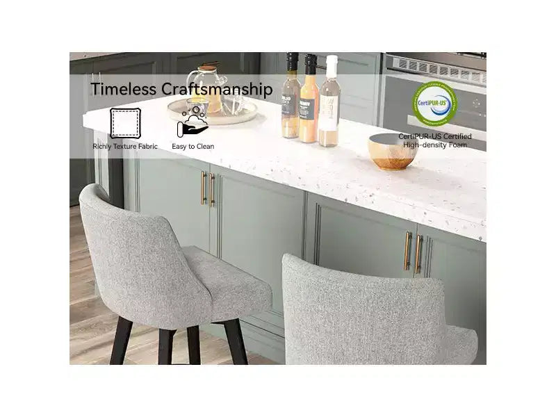 Dyonery 26 Taburetes de bar de altura de encimera (juego de 2), taburetes de cocina tapizados giratorios con respaldo, patas de madera maciza, gris