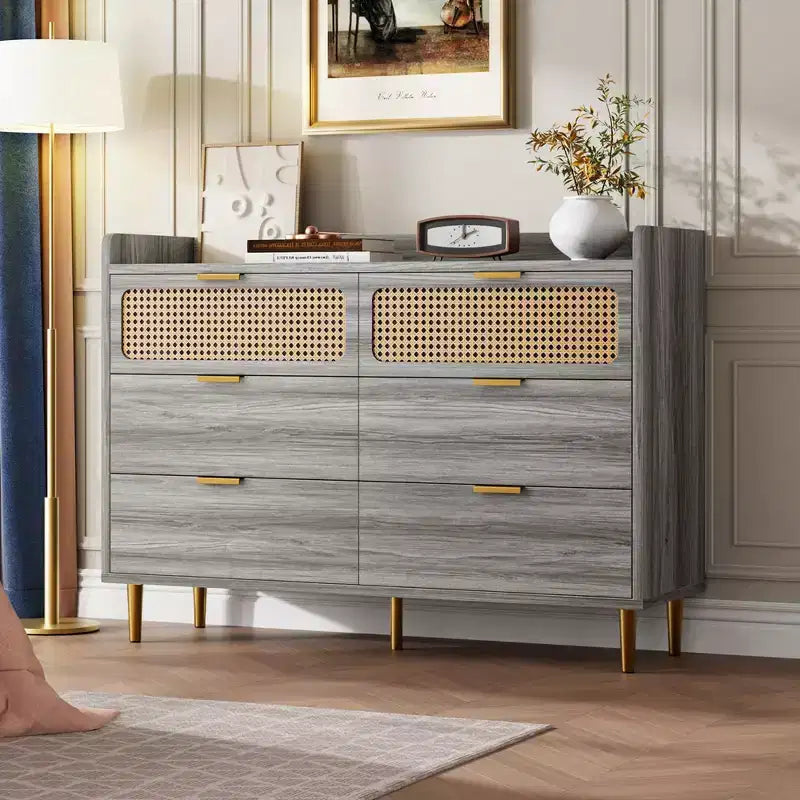 TROPOW Dresser TV Stand with Railed Edge, 6 Drawer Double Dresser, Mid Century Modern Gold Closet Dresser with High Legs, Rattan Design, Large