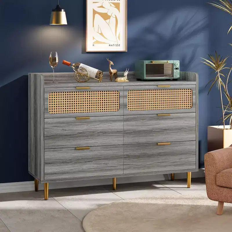 TROPOW Cómoda para TV con borde elevado, cómoda doble de 6 cajones, cómoda de armario moderna de mediados de siglo dorada con patas altas, diseño de ratán, grande