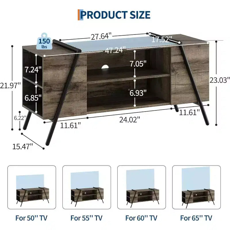 Mueble de TV para televisores de 50 a 55 pulgadas, centro de entretenimiento moderno de mediados de siglo con almacenamiento, estantes ajustables y patas de metal en forma de U.