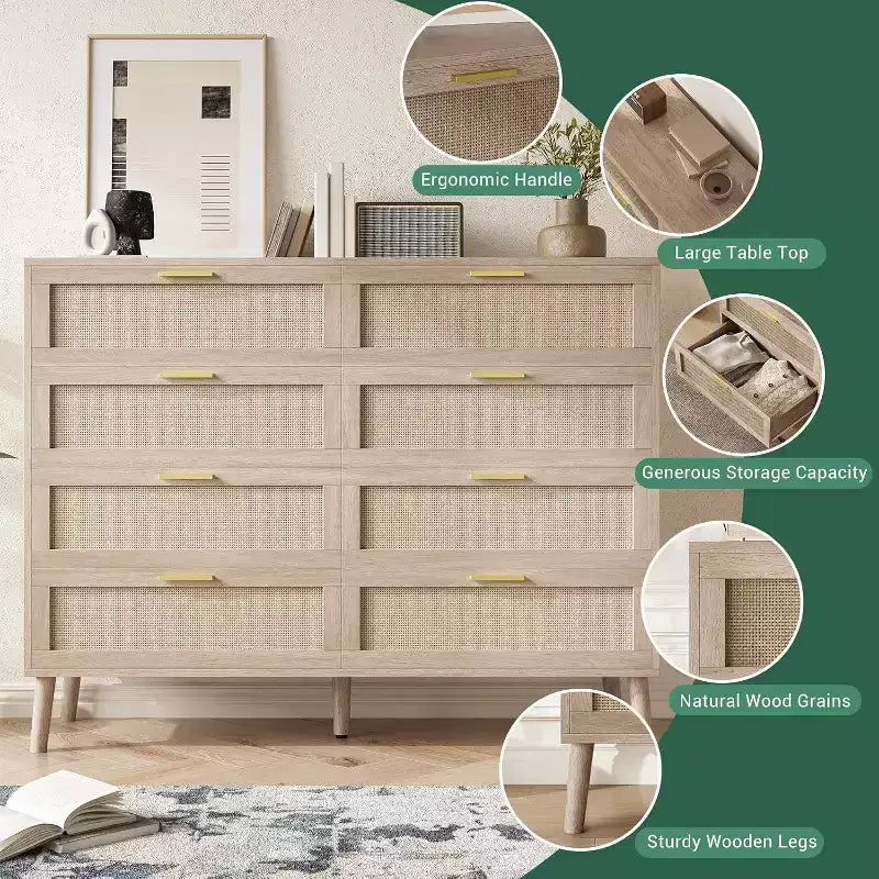Cómoda de ratán de 8 cajones - Cofre de almacenamiento estilo casa de campo con tiradores dorados para dormitorio y sala de estar