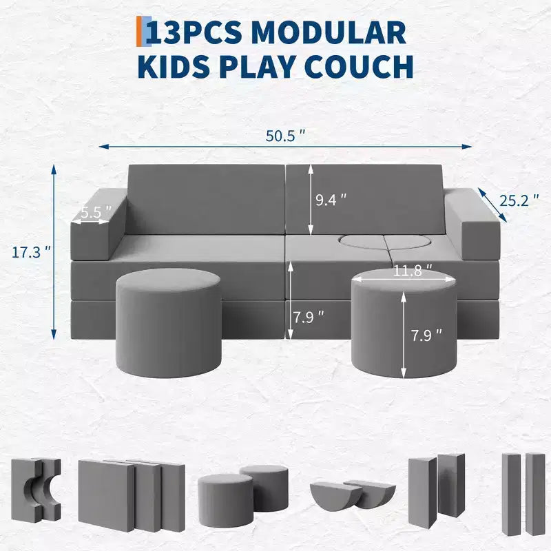Sofá de juegos modular para niños, sofá para niños pequeños de 13 piezas con fundas de terciopelo lavables, silla de piso de espuma convertible para sala de juegos, sala de estar