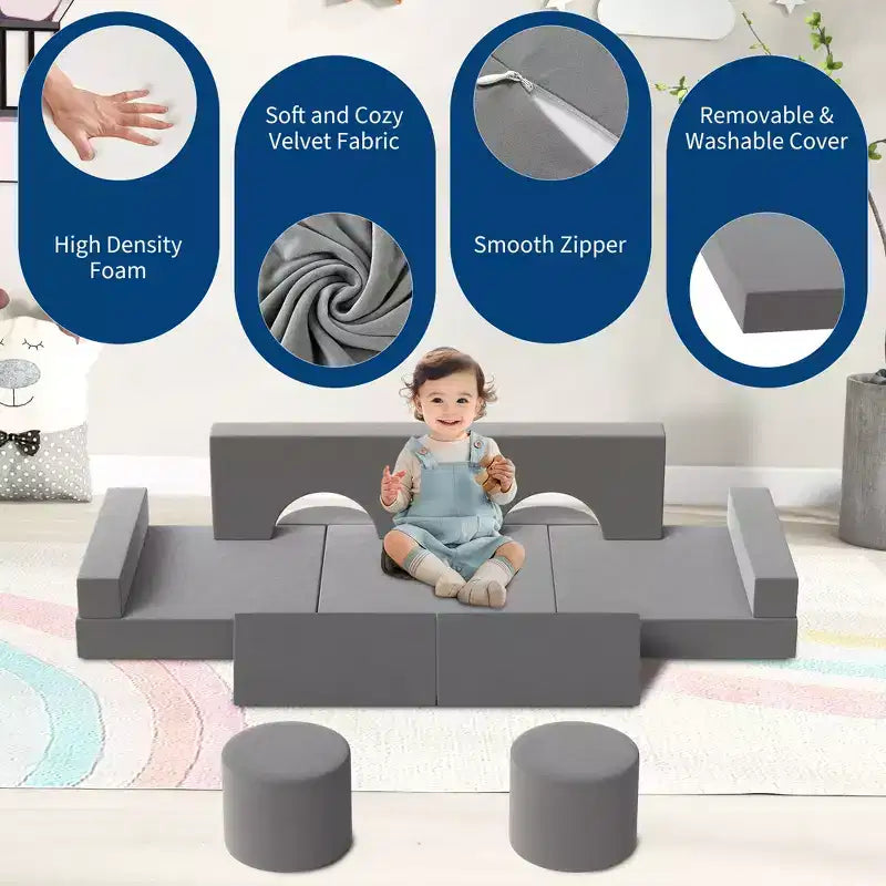 Sofá de juegos modular para niños, sofá para niños pequeños de 13 piezas con fundas de terciopelo lavables, silla de piso de espuma convertible para sala de juegos, sala de estar