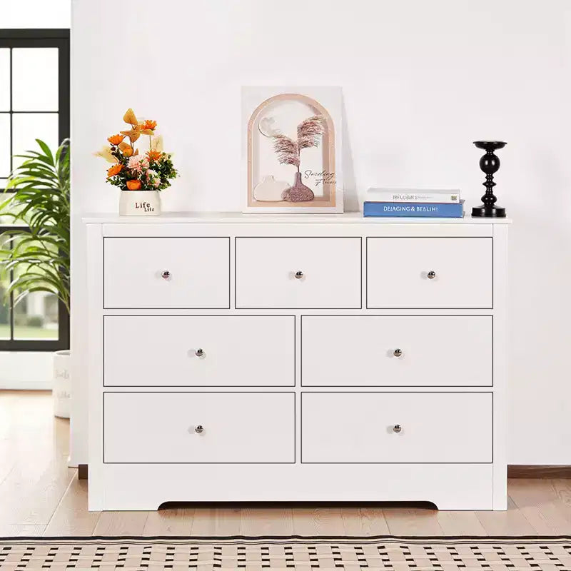 VEVOR Cajonera de 7 Cajones, Cómoda de Madera con Dispositivo Antivuelco Deslizante, Cómoda Moderna Minimalista, Blanca
