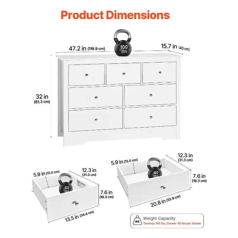 VEVOR Cajonera de 7 Cajones, Cómoda de Madera con Dispositivo Antivuelco Deslizante, Cómoda Moderna Minimalista, Blanca