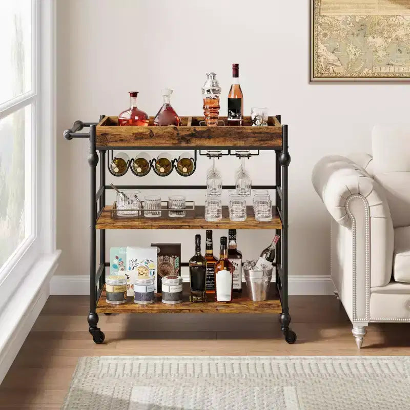 Carrito de bar rodante de 3 niveles con estante para vinos, carrito de servicio móvil con ruedas y bandeja extraíble, carrito de licores y bebidas, carrito de bebidas para microondas, marrón