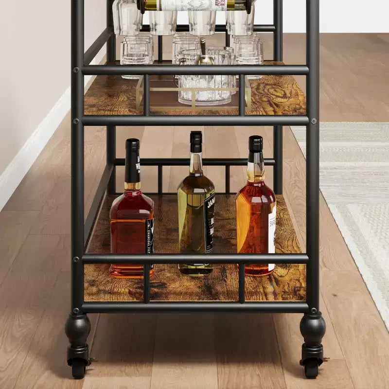 Carrito de bar rodante de 3 niveles con estante para vinos, carrito de servicio móvil con ruedas y bandeja extraíble, carrito de licores y bebidas, carrito de bebidas para microondas, marrón