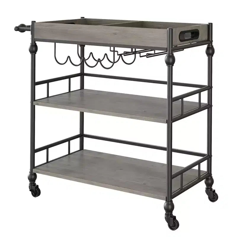 Carrito de bar rodante de 3 niveles con estante para vinos, carrito de servicio móvil con ruedas y bandeja extraíble, carrito de licores y bebidas, carrito de bebidas para microondas, marrón