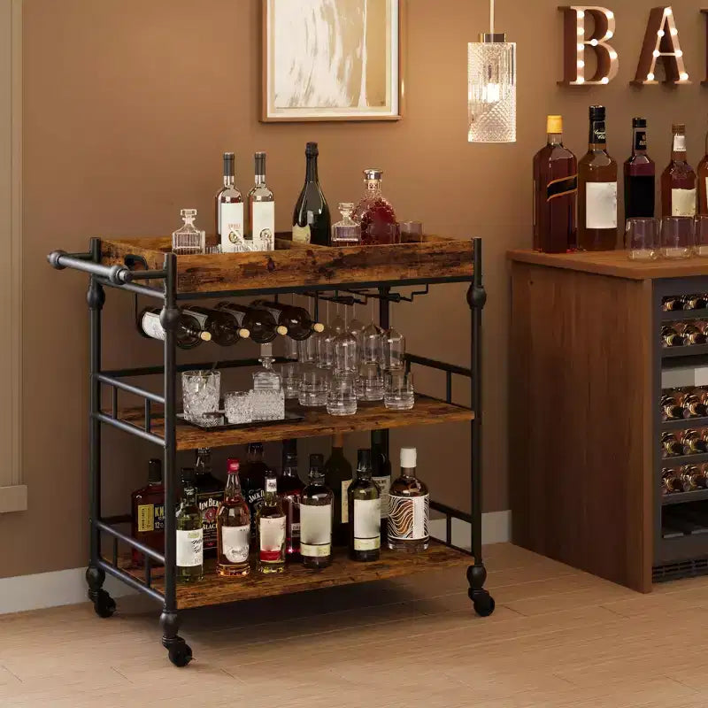 Carrito de bar rodante de 3 niveles con estante para vinos, carrito de servicio móvil con ruedas y bandeja extraíble, carrito de licores y bebidas, carrito de bebidas para microondas, marrón