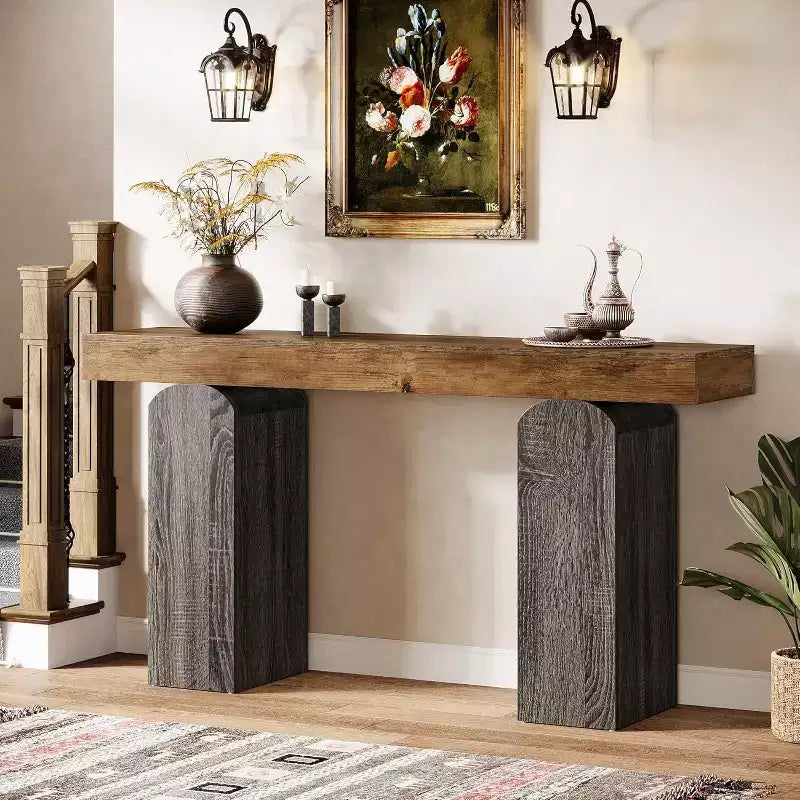 Mesa de entrada Lantine 63, mesa consola de madera con 2 patas de pedestal arqueadas, mesa de sofá detrás del sofá para pasillo, sala de estar