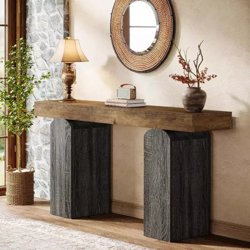 Mesa de entrada Lantine 63, mesa consola de madera con 2 patas de pedestal arqueadas, mesa de sofá detrás del sofá para pasillo, sala de estar