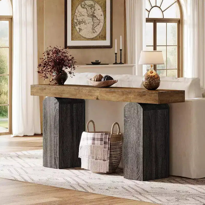 Mesa de entrada Lantine 63, mesa consola de madera con 2 patas de pedestal arqueadas, mesa de sofá detrás del sofá para pasillo, sala de estar