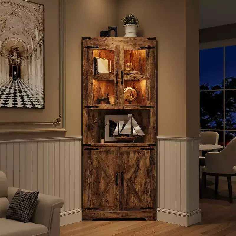 Armario esquinero alto de 67 pulgadas con luces, vitrina esquinera estilo rústico con puertas de vidrio, organizador de almacenamiento de madera para sala de estar