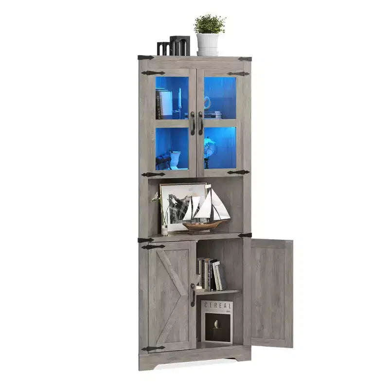 Armario esquinero alto de 67 pulgadas con luces, vitrina esquinera estilo rústico con puertas de vidrio, organizador de almacenamiento de madera para sala de estar