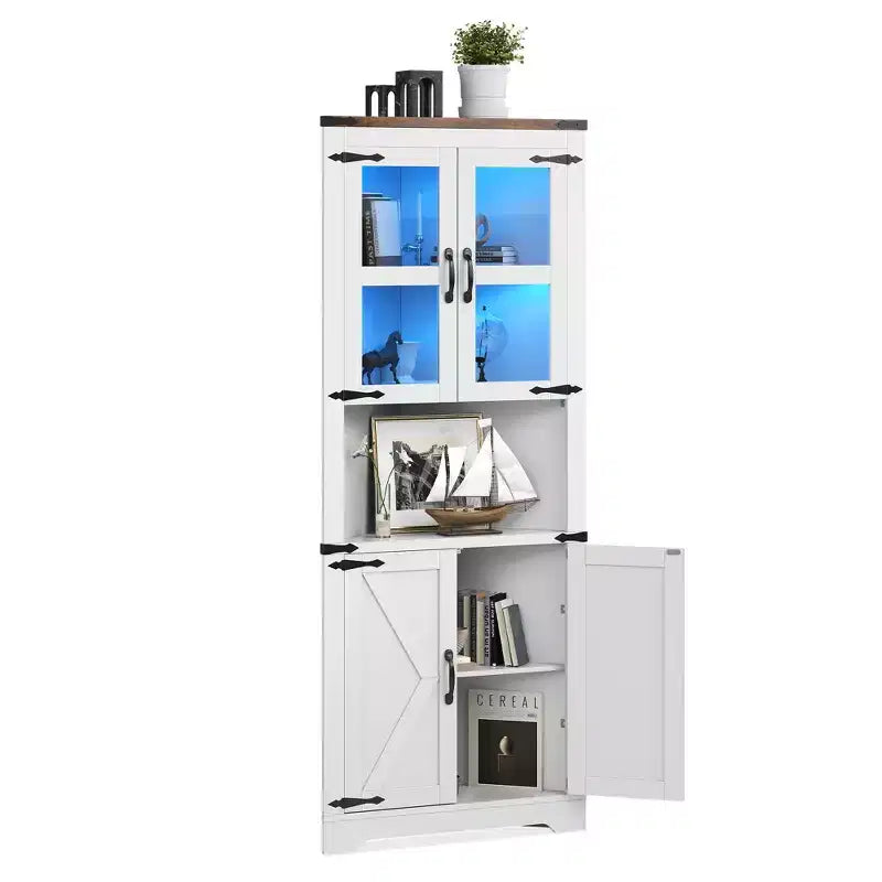 Armario esquinero alto de 67 pulgadas con luces, vitrina esquinera estilo rústico con puertas de vidrio, organizador de almacenamiento de madera para sala de estar