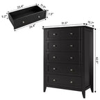 Cómoda de 5 cajones para dormitorio, cómoda alta de madera negra con cajones de almacenamiento profundos y tiradores de metal, cómoda moderna para dormitorio o entrada