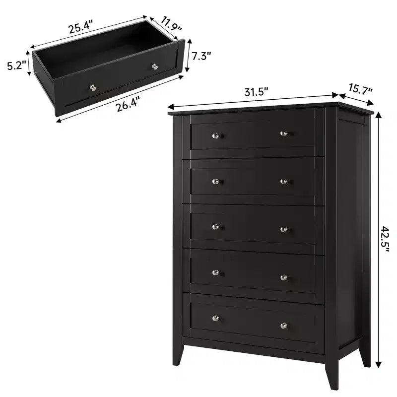 Cómoda de 5 cajones para dormitorio, cómoda alta de madera negra con cajones de almacenamiento profundos y tiradores de metal, cómoda moderna para dormitorio o entrada
