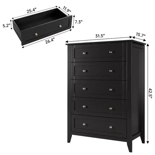 Cómoda de 5 cajones para dormitorio, cómoda alta de madera negra con cajones de almacenamiento profundos y tiradores de metal, cómoda moderna para dormitorio o entrada