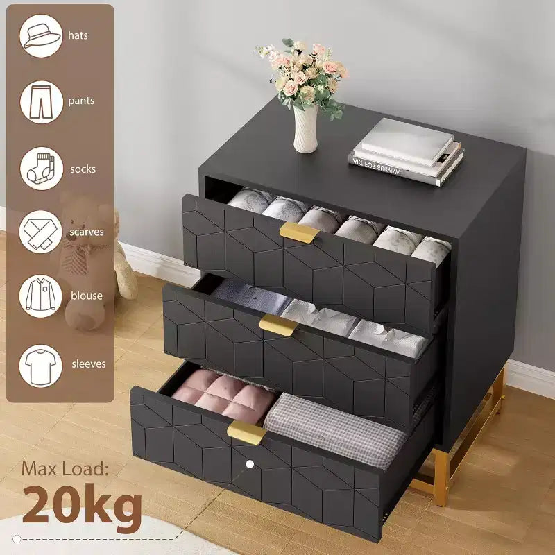 Cómoda para dormitorio, cómoda de 3 cajones con patas de metal, organizador de cajones moderno con amplio espacio de almacenamiento, cómoda para dormitorio, sala de estar