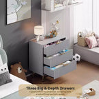 Cómoda de 3 cajones Coolmee para dormitorio, mesita de noche moderna estriada con cajones profundos, cómoda con parte superior ancha, organizador de cómoda de madera, mesa auxiliar