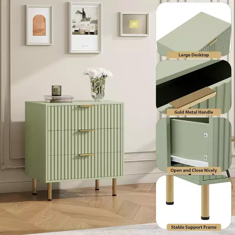 Cómoda de 3 cajones Coolmee para dormitorio, mesita de noche moderna estriada con cajones profundos, cómoda con parte superior ancha, organizador de cómoda de madera, mesa auxiliar